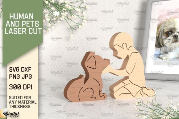Boy and Dog Laser Cut. Wooden Figurine